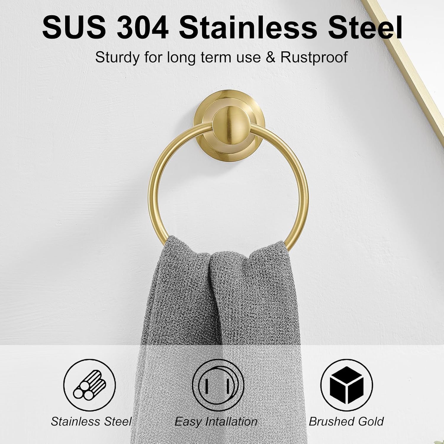 BESy Brushed Gold Towel Ring Rustproof Stainless Steel Bathroom Hardware Accessory