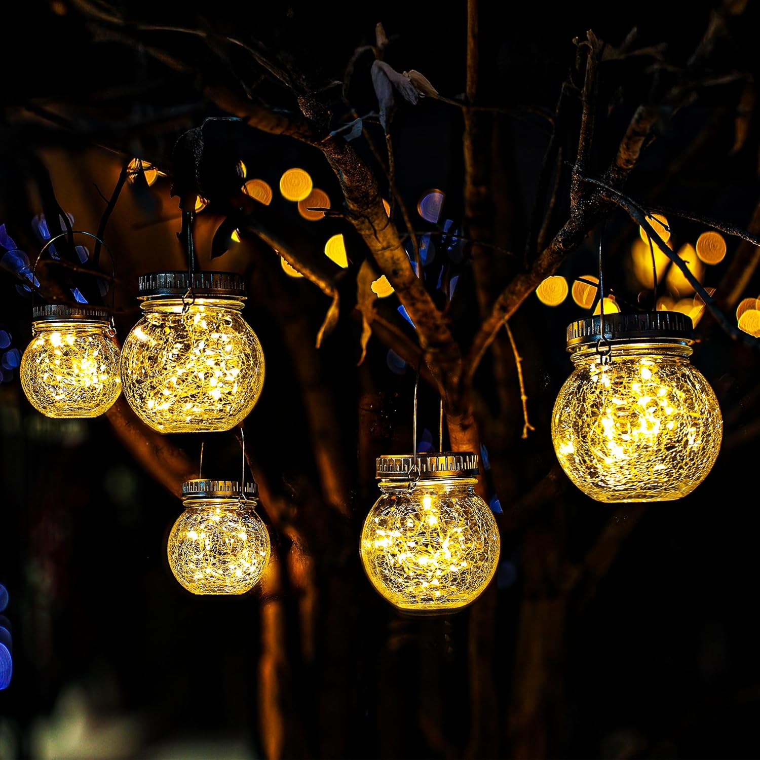 Cooo 2 Pack Crackle Glass Solar Lantern with 30 LED Firefly Lights