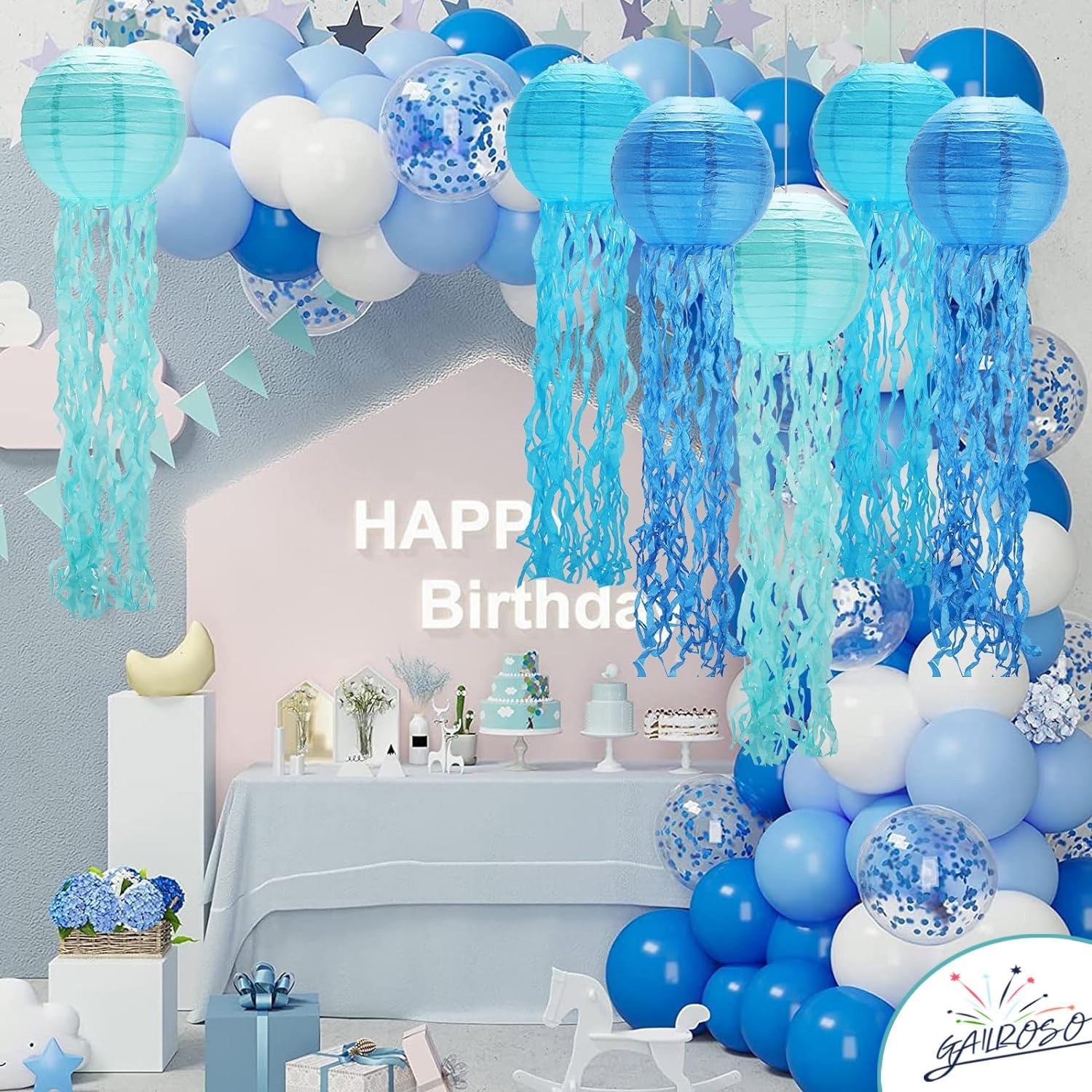 GAILROSO Jellyfish Paper Lanterns 6-Pack Blue 8Inch