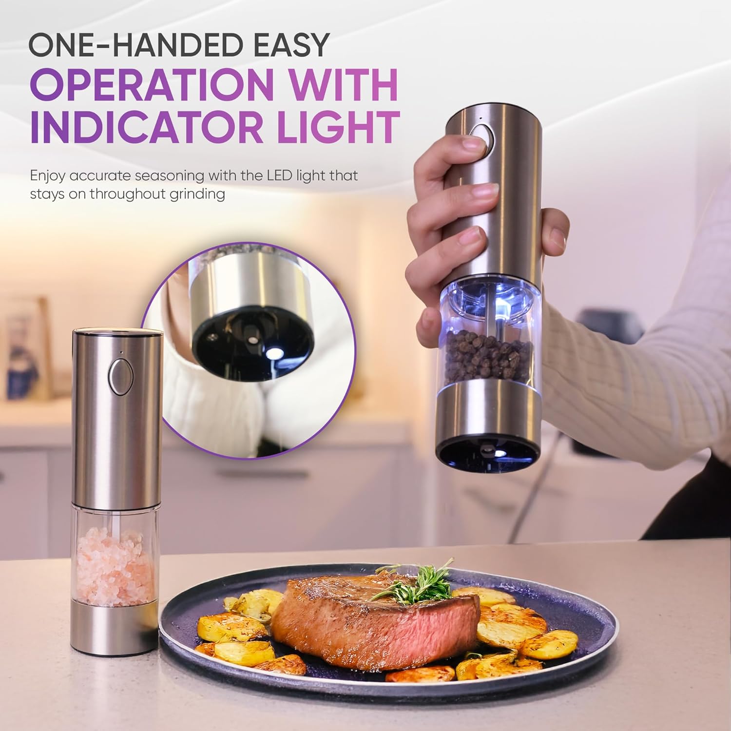 Meditati Rechargeable Salt Pepper Grinder Set - 2Pack with Blue LED Light