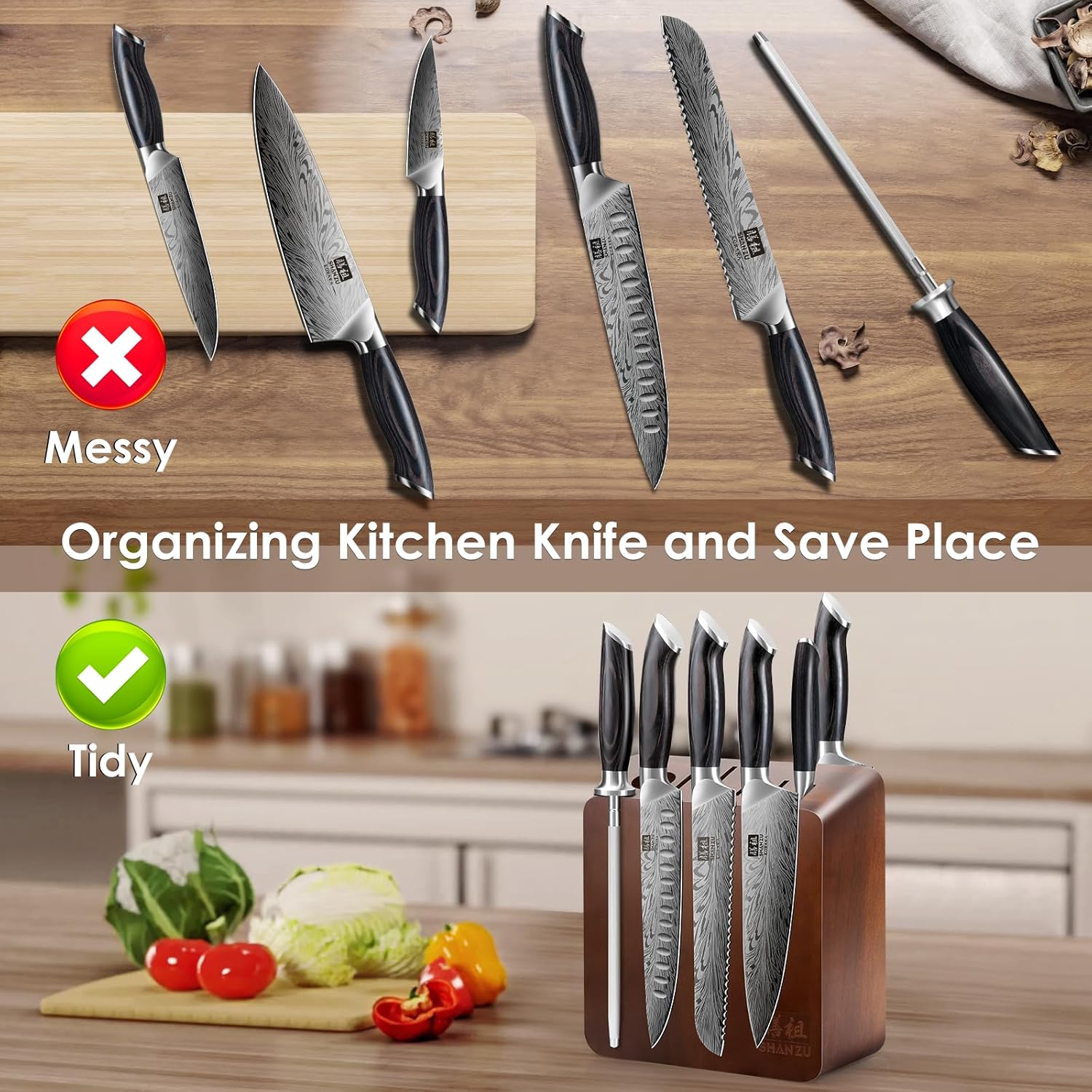 SHAN ZU Magnetic Knife Block with 8 Pcs Strong Magnets