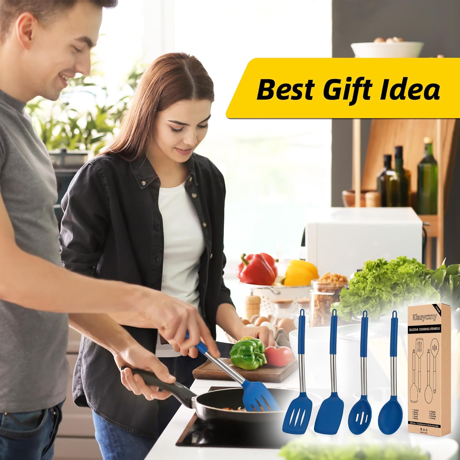 4 Pack Silicone Utensils Set with Stainless Steel Handles