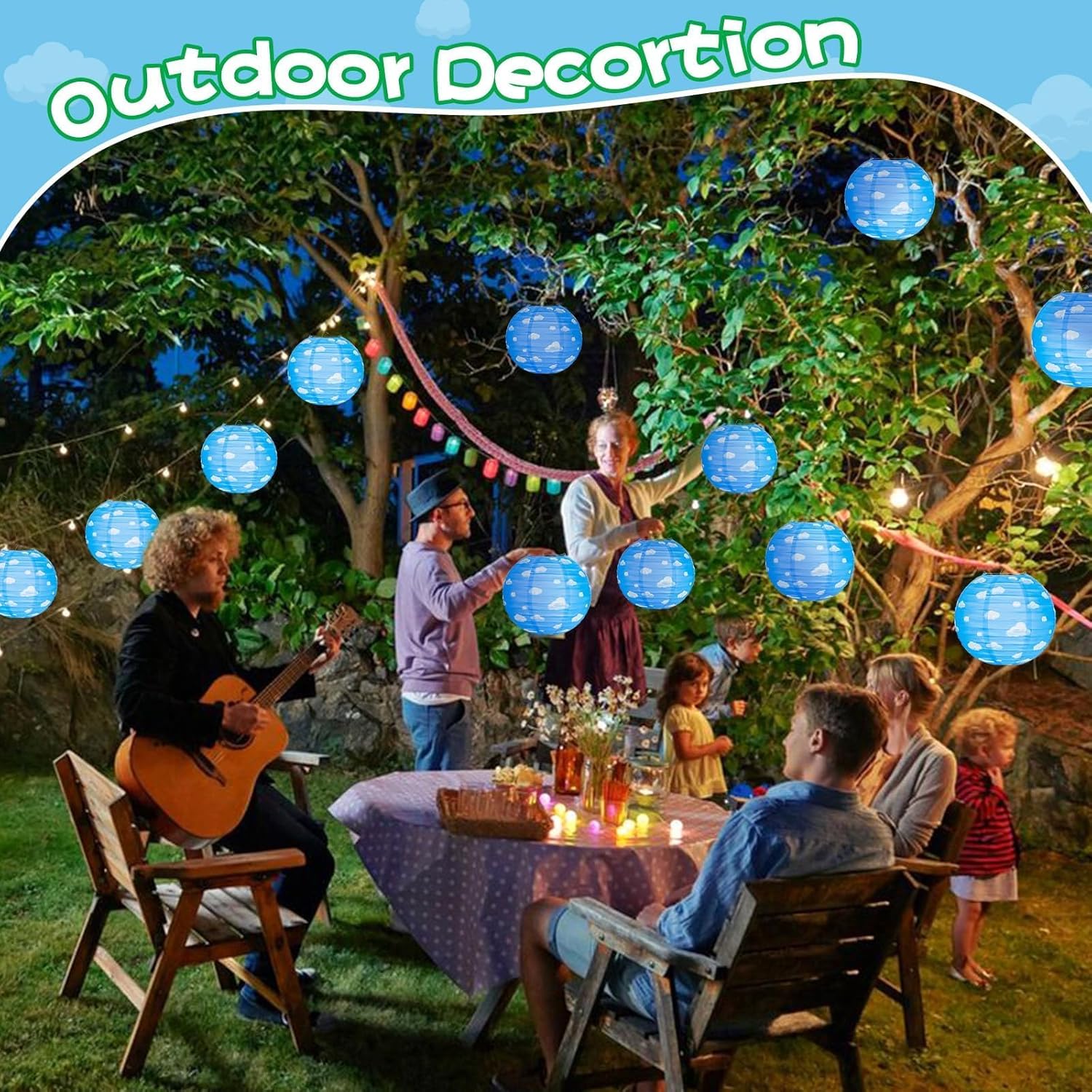 12PCS Blue Sky White Clouds Paper Lanterns Set