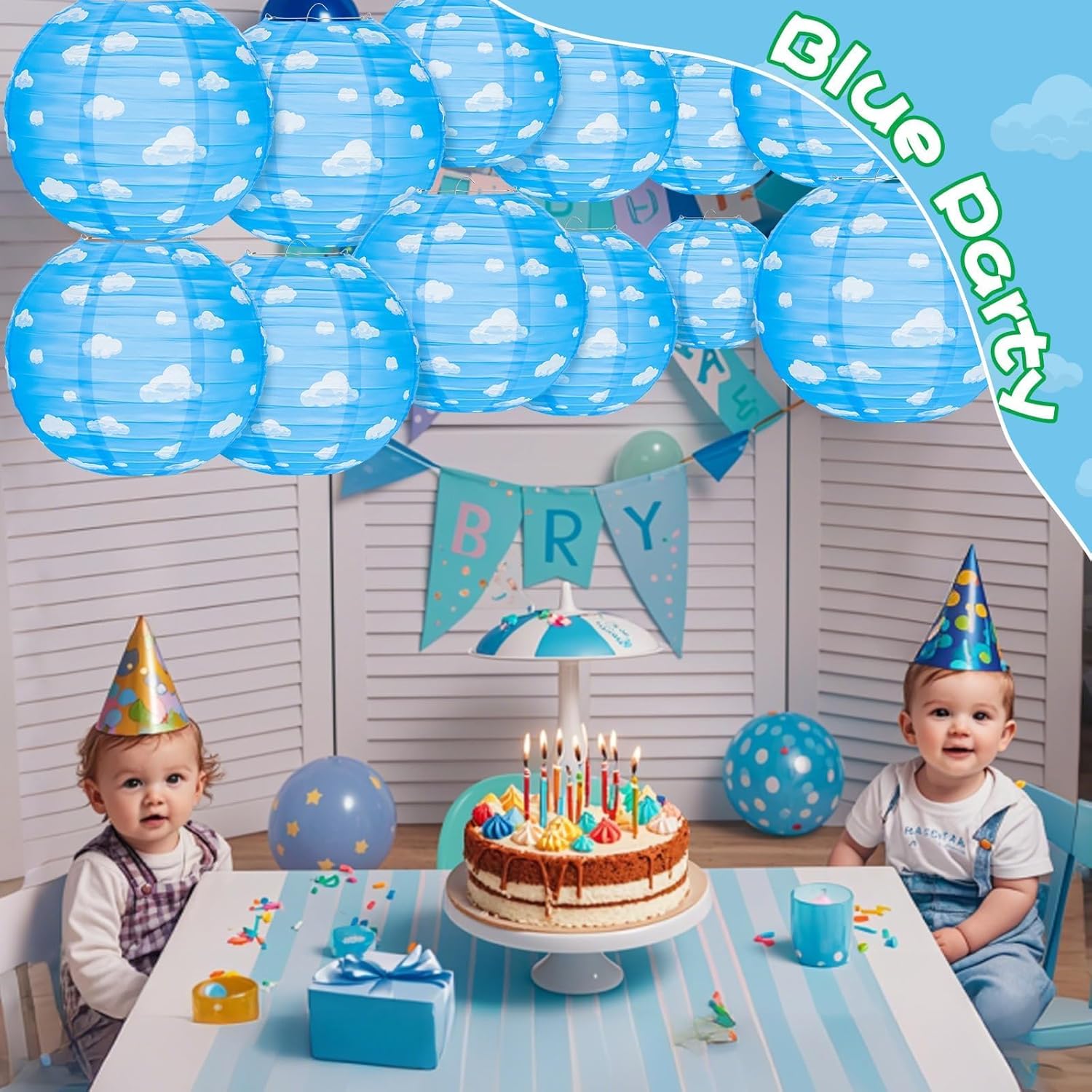 12PCS Blue Sky White Clouds Paper Lanterns Set