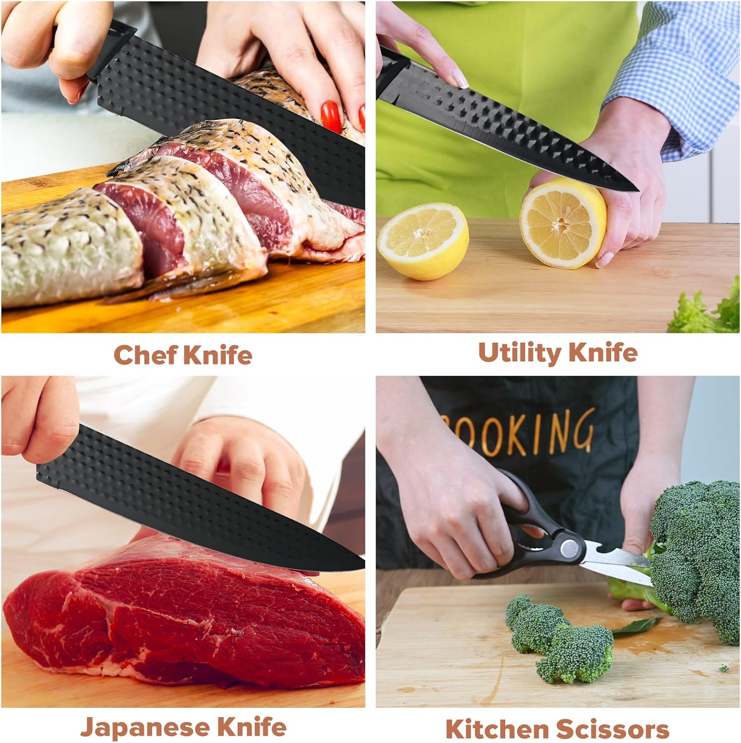 BOBOME 6 Piece Black Kitchen Knife Set with Block