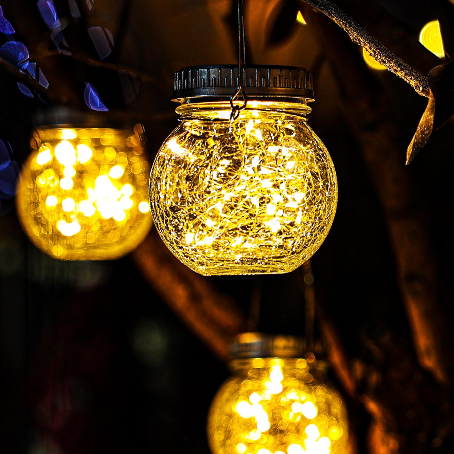 Cooo 2 Pack Crackle Glass Solar Lantern with 30 LED Firefly Lights