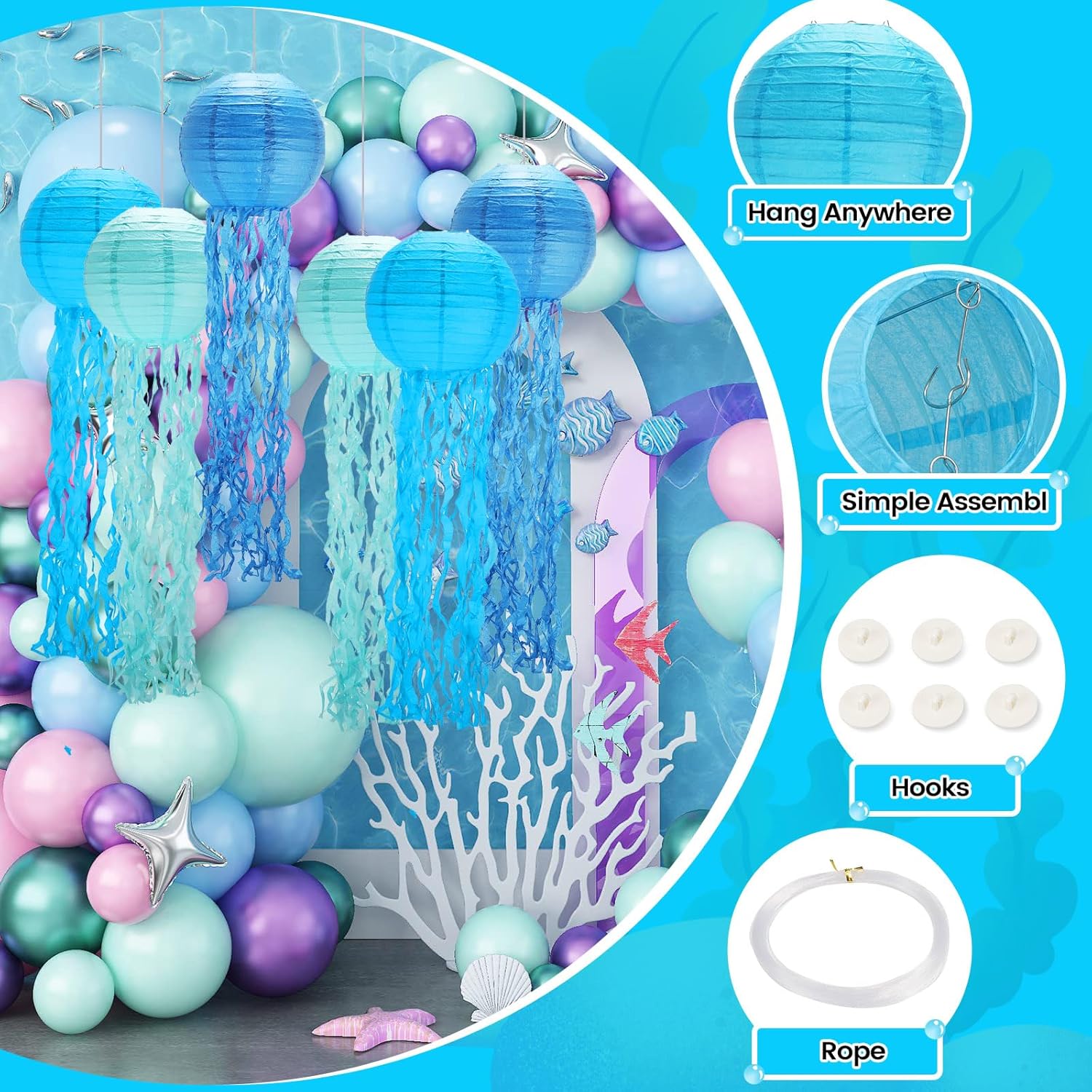 GAILROSO Jellyfish Paper Lanterns 6-Pack Blue 8Inch