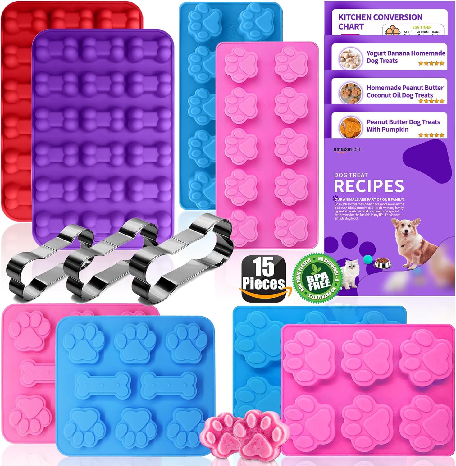 Silicone Dog Treat Molds with Recipe Cards - Set of 15