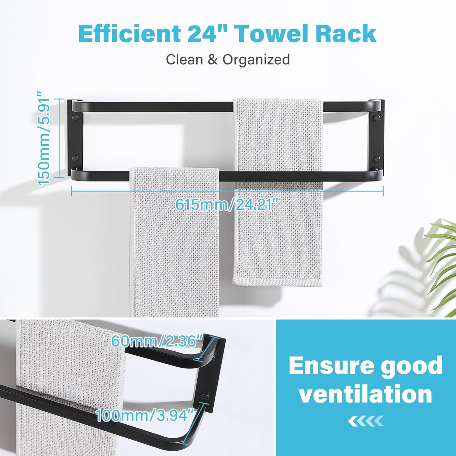 Mooche Double Towel Rack 24-Inch Matte Black Stainless Steel