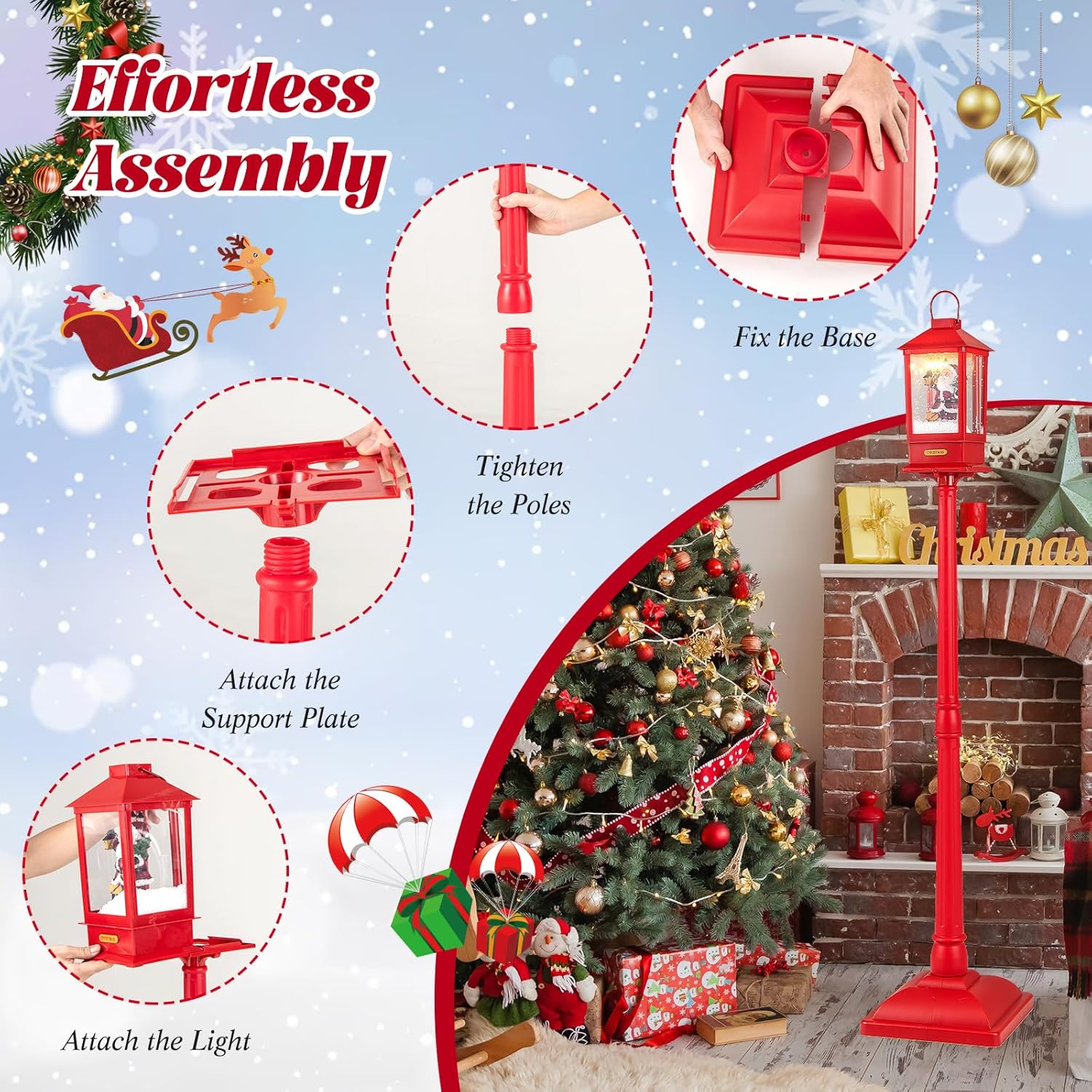 Sound-Activated Christmas Streetlamp with LED Lights and Santa Scene