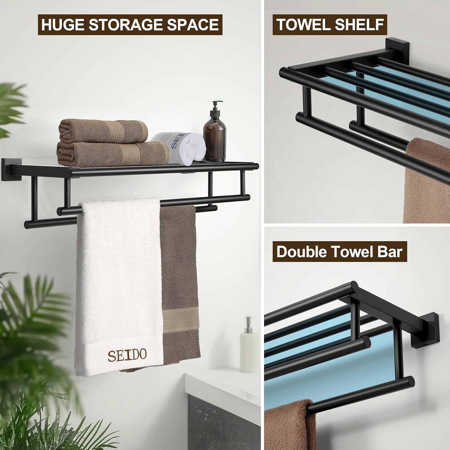 SEIDO Double Towel Bar 24 Inch Matte Black Stainless Steel 1
