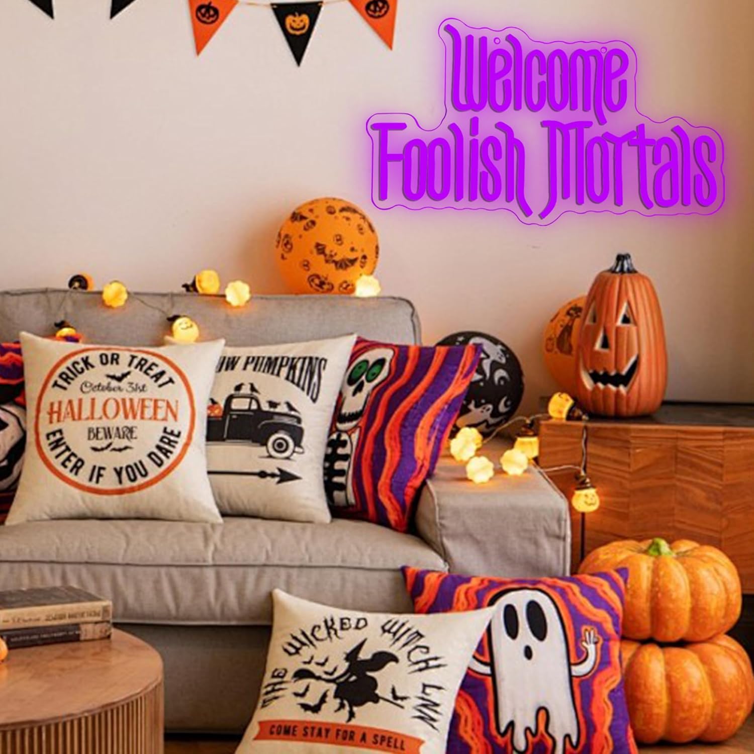 Welcome Foolish Mortals Neon Sign Purple 1