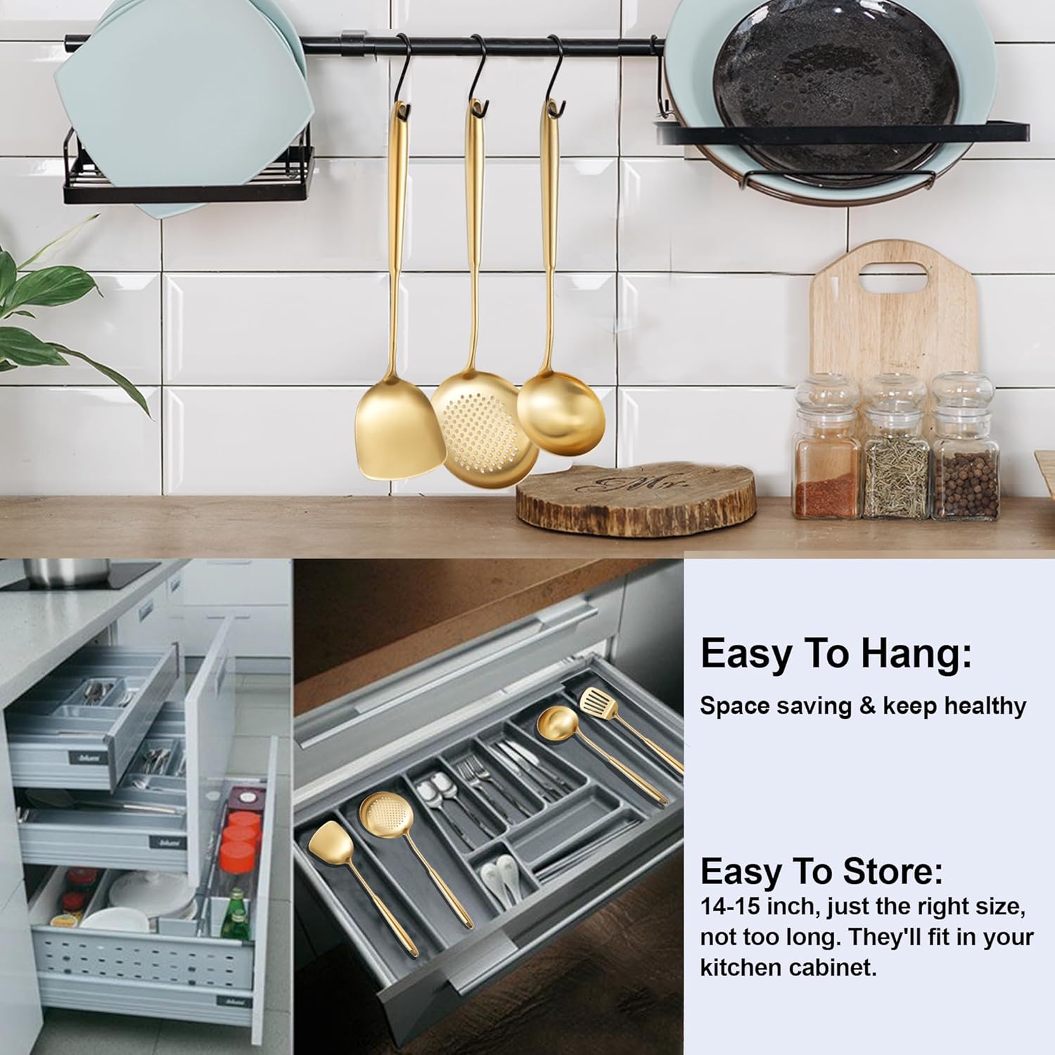 NIITAWH 9 PCS Gold Stainless Steel Cooking Utensils Set
