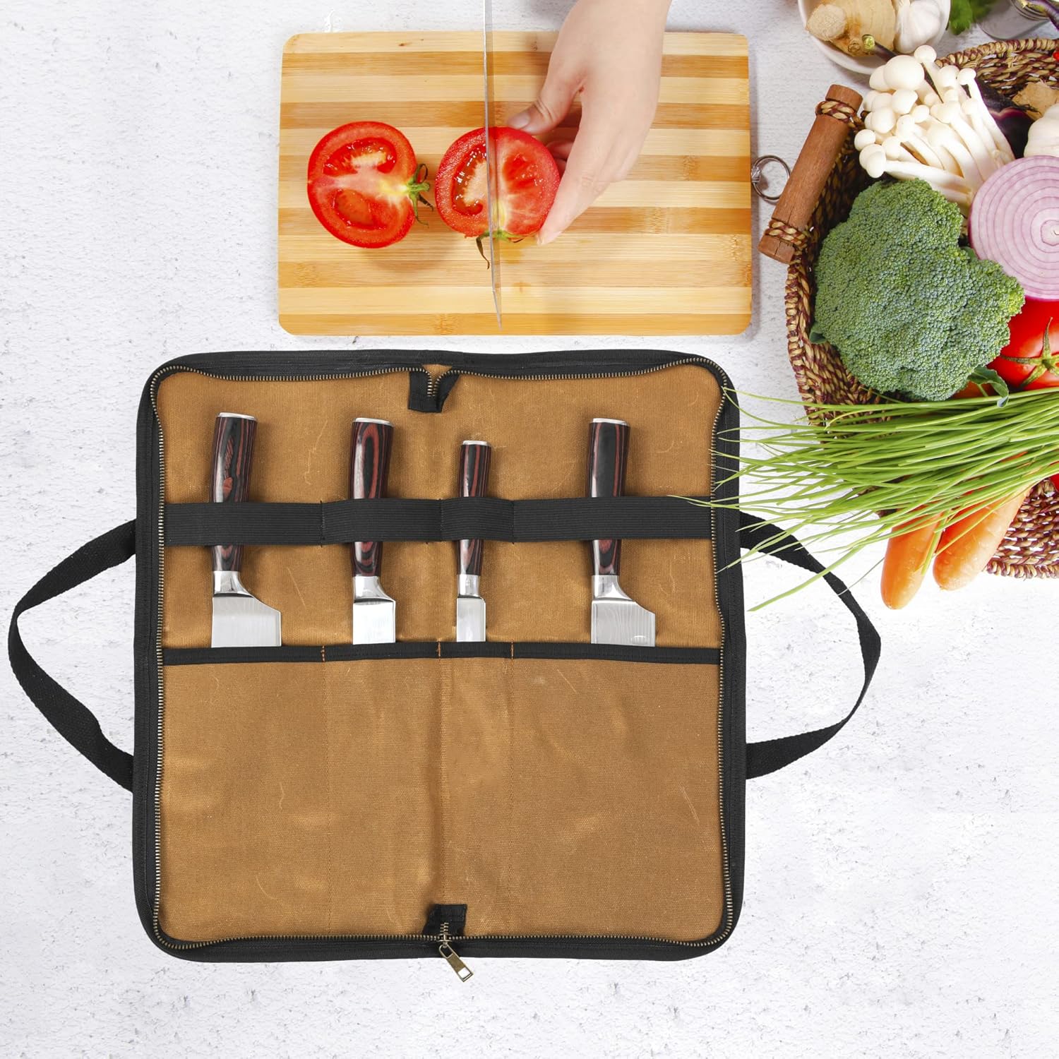 Kaaltisy Knife Roll Bag with 4 Slots and Brass Zipper