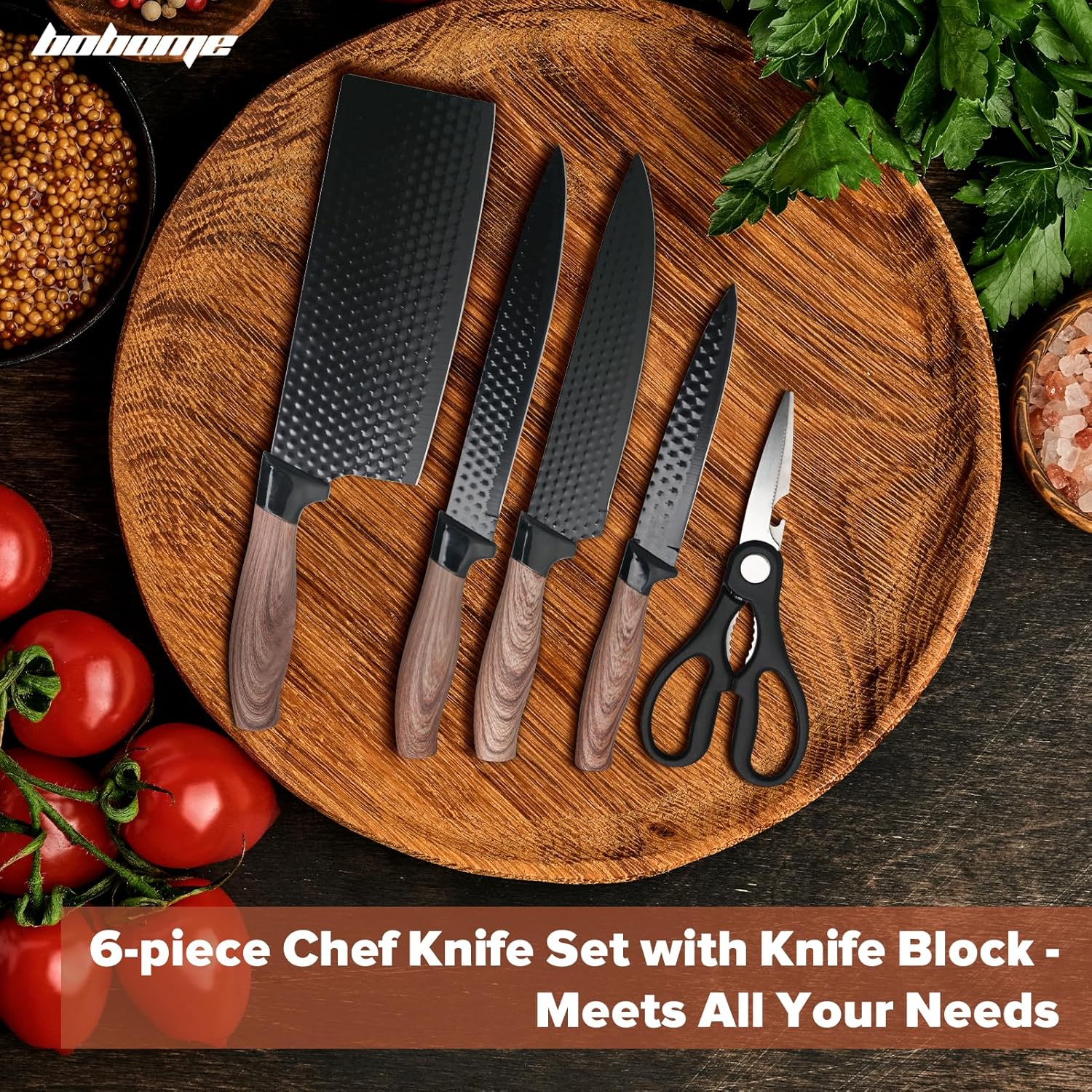 BOBOME 6 Piece Black Kitchen Knife Set with Block